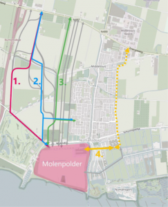 Kaart met vier varianten voor de westelijke ontsluiting van Numansdorp. 