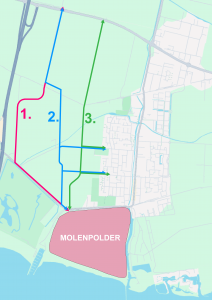 Kaart met drie varianten voor westelijke ontsluitingsroute Numansdorp